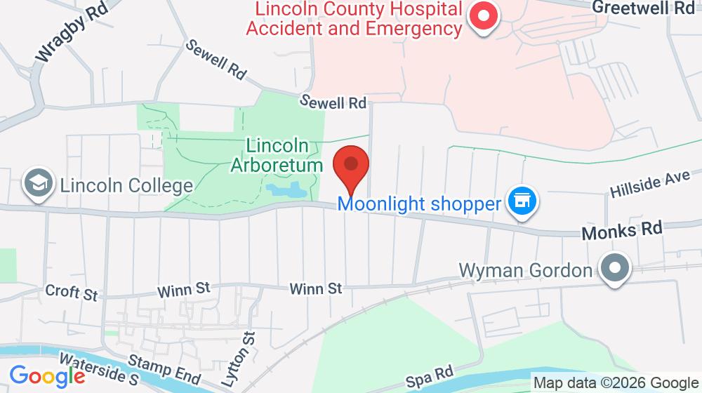 Map showing the location of Lincoln Monks Abbey Primary School
