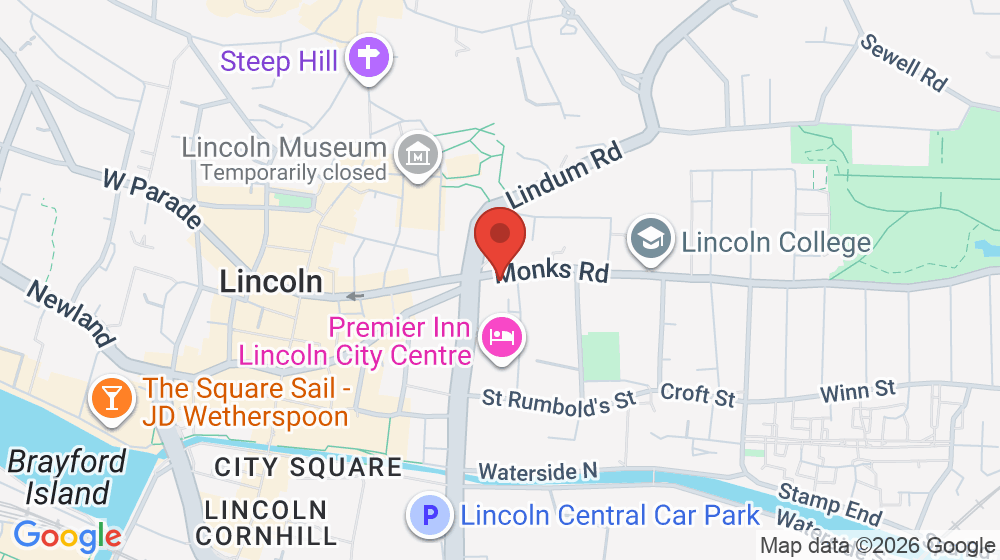 Map showing the location of St Hugh's Church, Lincoln
