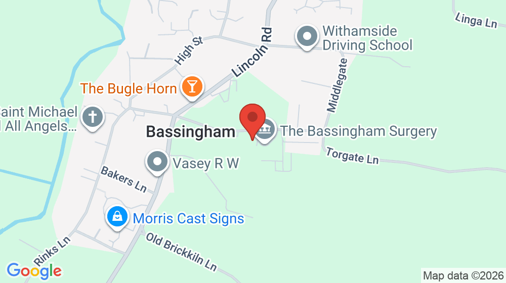 Map showing the location of THE BASSINGHAM SURGERY