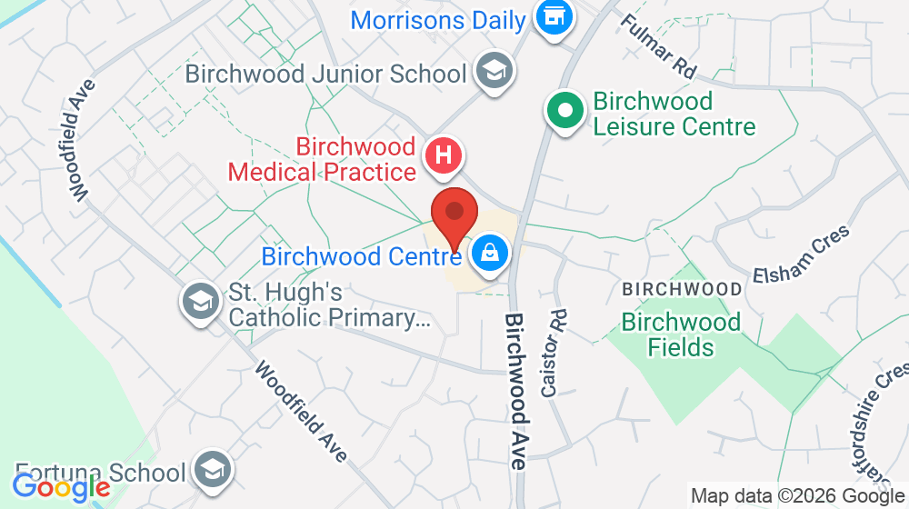 Map showing the location of Birchwood Chip Shop